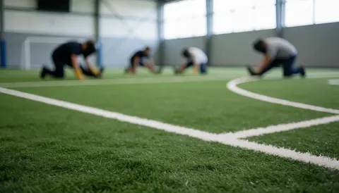 Green artificial turf field with white demarcation lines and people stretching in the background, suitable for sports club use
