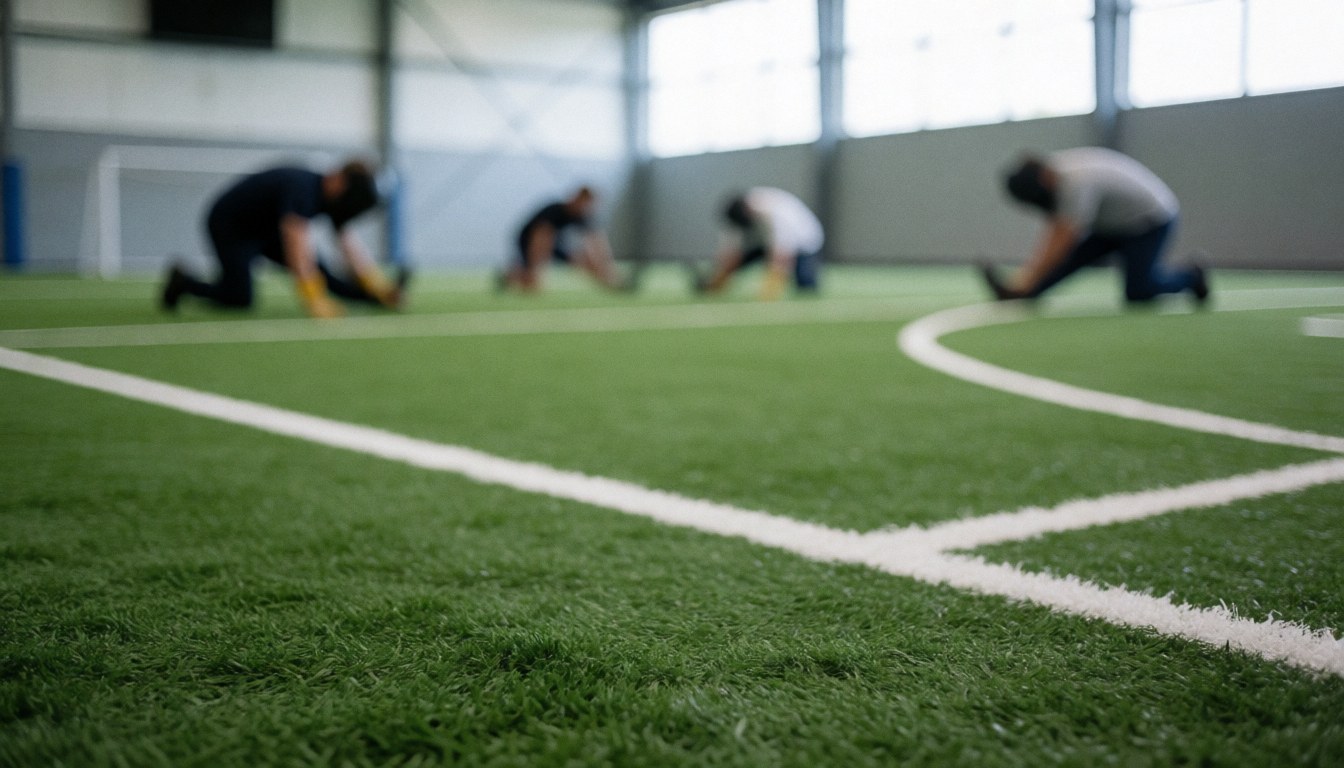 Green artificial turf field with white demarcation lines and people stretching in the background, suitable for sports club use