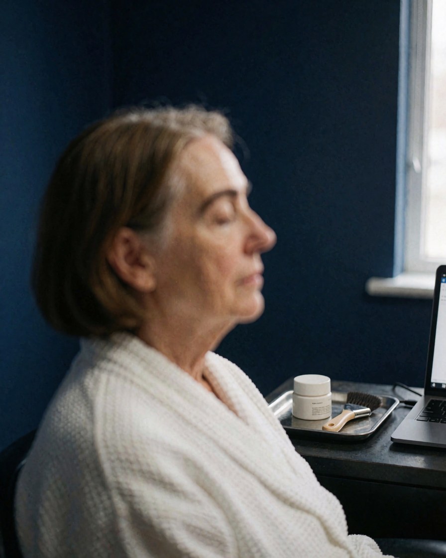 A relaxed client sits in a salon chair showing off newly laminated eyebrows, with a treatment product on a tray nearby against a dark blue wall.