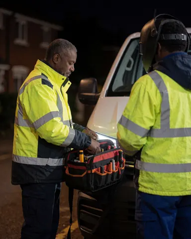 Technician checking tools in a case next to a pickup truck on a residential street at night with vehicle light.