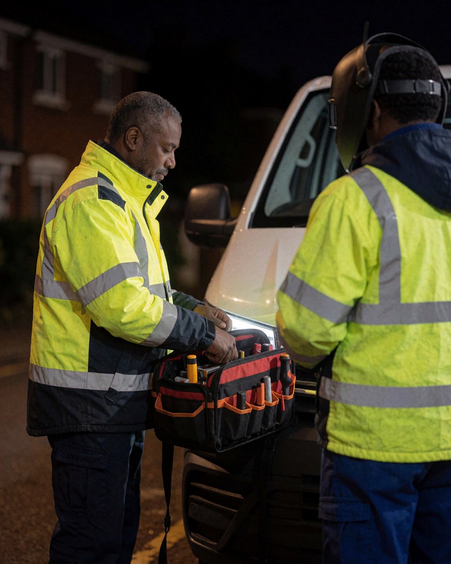 Technician checking tools in a case next to a pickup truck on a residential street at night with vehicle light.