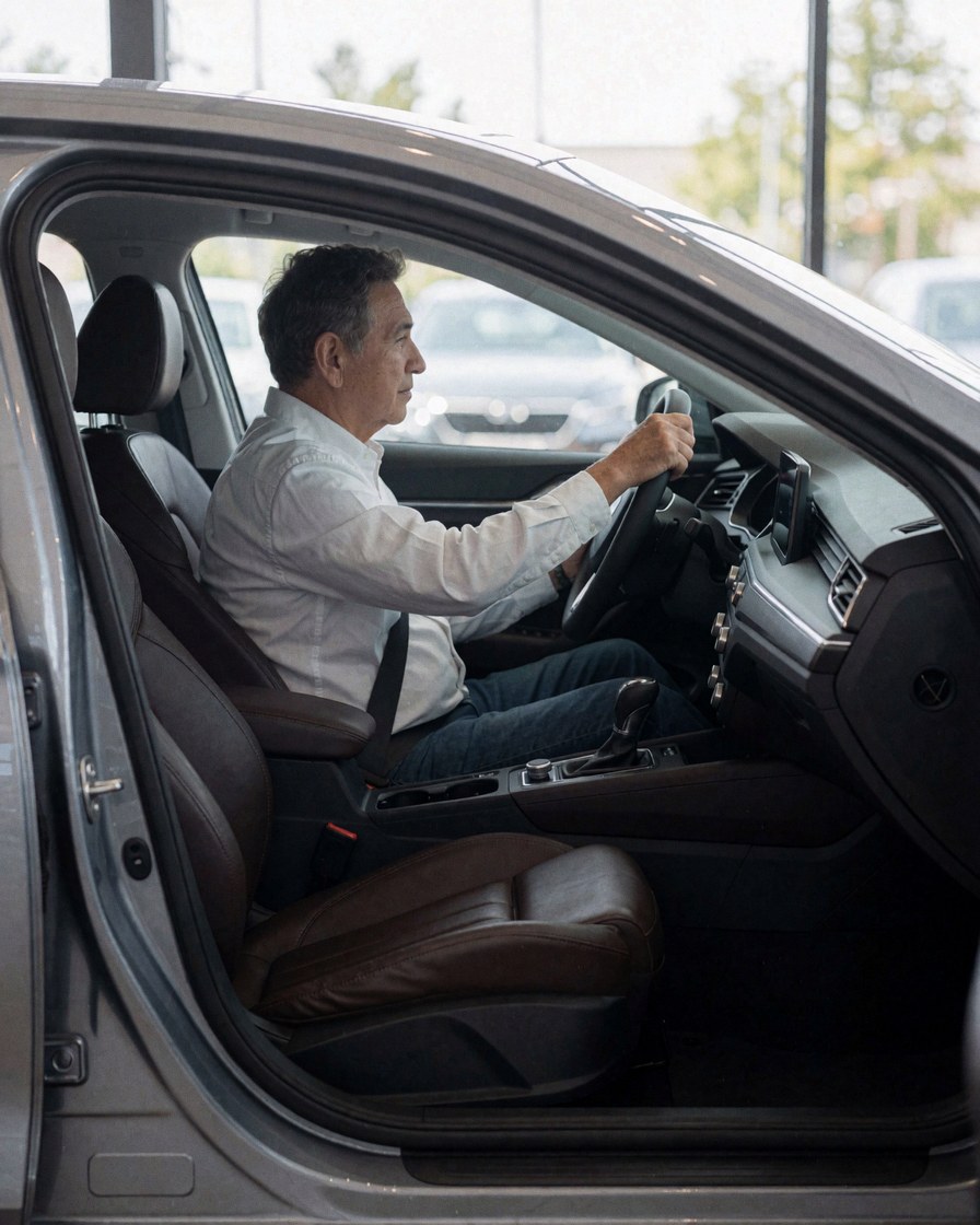 A customer testing a sedan with leather seats, viewed from the exterior at a car dealership.