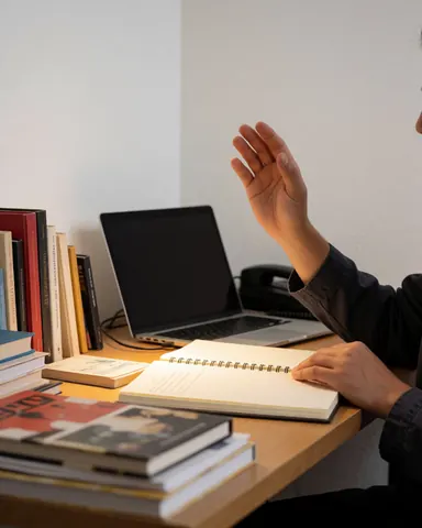 A student raises a hand in a writing class with an open notebook and books on a wooden table