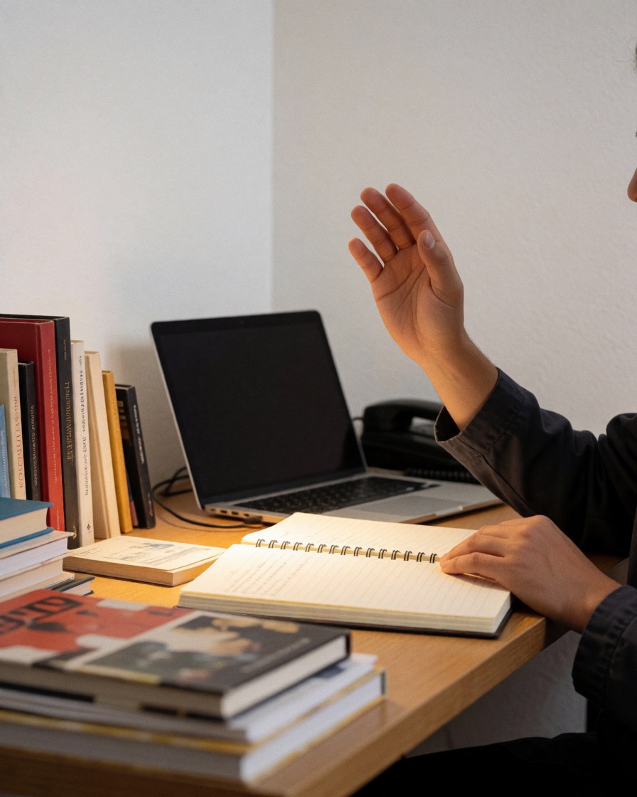 A student raises a hand in a writing class with an open notebook and books on a wooden table