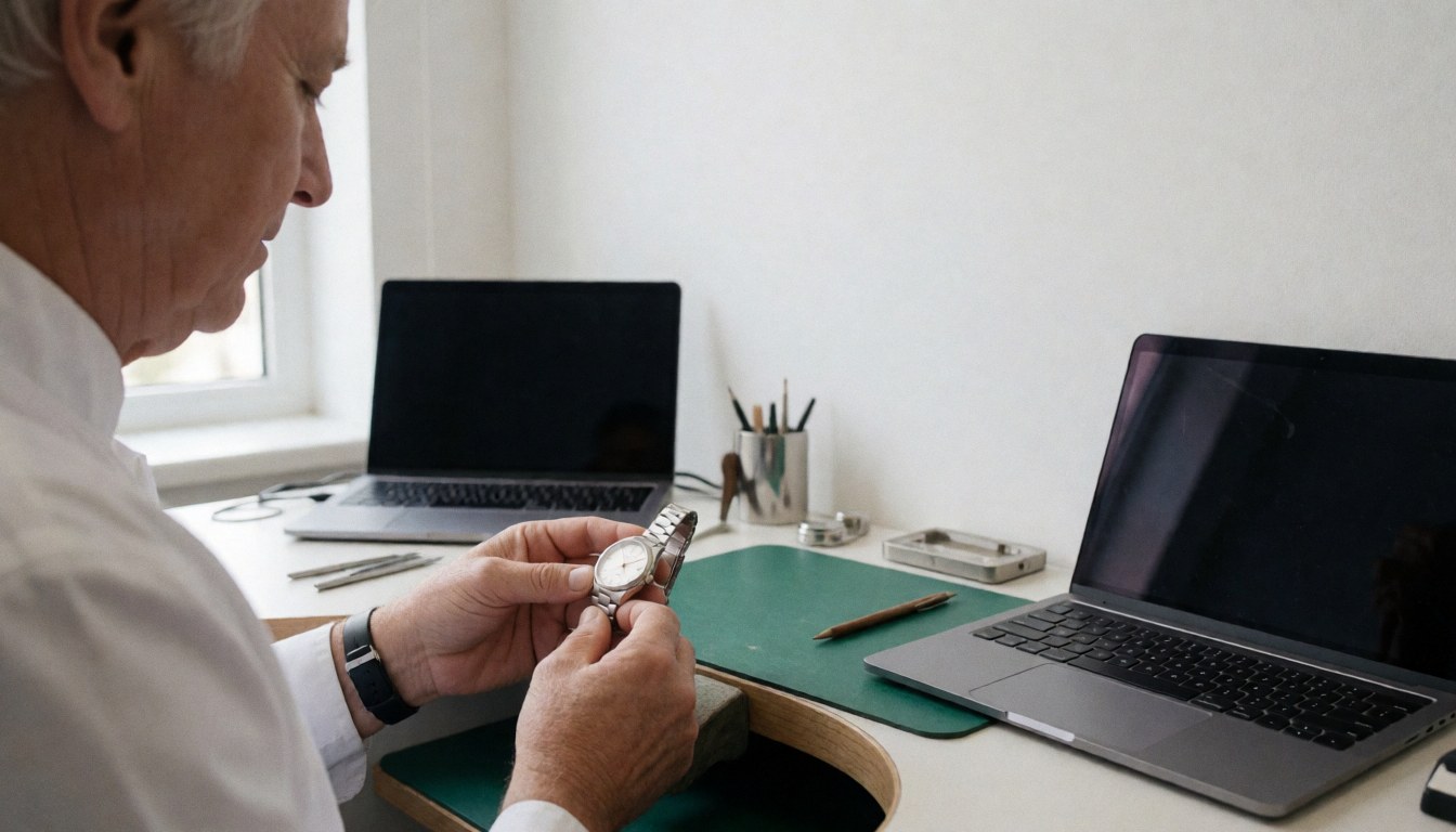 Watchmaker adjusting a watch strap in a clean workshop with tools and laptops visible on the table