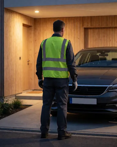 A man wearing a reflective vest and gloves stands near a car on the road with wooden walls and warm lights creating a calm atmosphere.