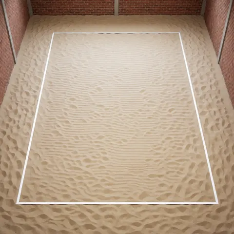 Top-down view of an indoor volleyball court featuring beige sand and white boundary lines against a red brick wall, ideal for text overlay.