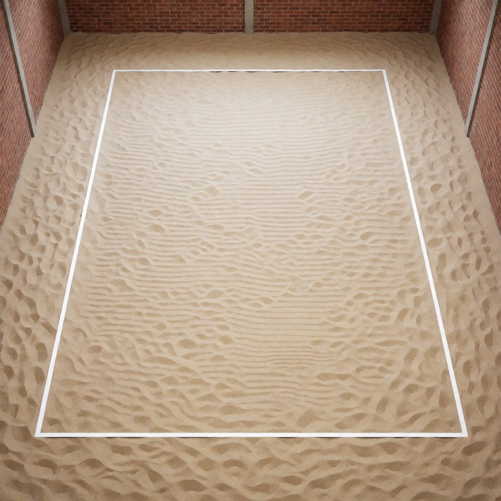 Top-down view of an indoor volleyball court featuring beige sand and white boundary lines against a red brick wall, ideal for text overlay.
