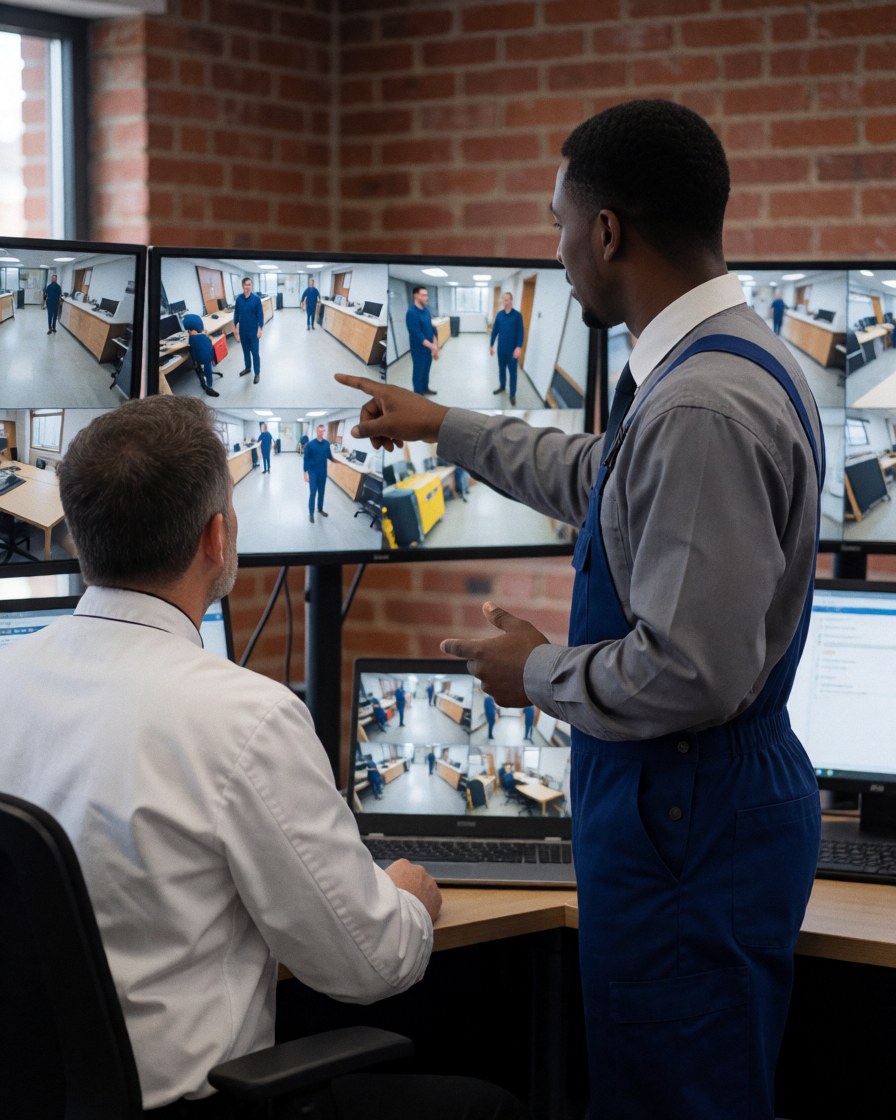 A security professional explains a surveillance camera to a client in a room with brick walls and multiple monitors.