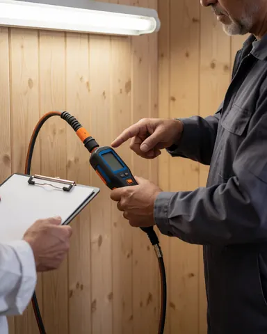 Mechanic displays diagnostic tool results to a customer in a workshop with wooden walls