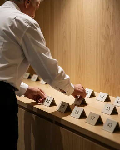 A professional person places seat markers in a theater with light wood walls to prepare the space for a performance.