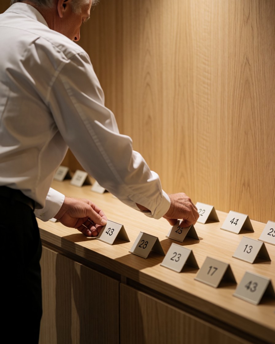 A professional person places seat markers in a theater with light wood walls to prepare the space for a performance.