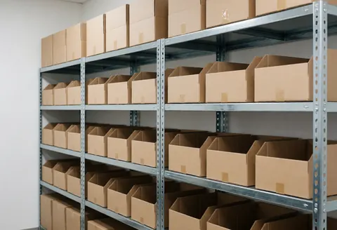 Metal shelving unit holding cardboard boxes in a printer repair shop with white walls and organized storage