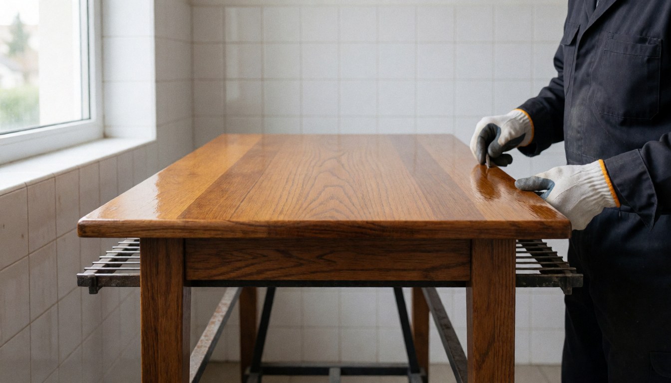 Wooden table with glossy finish in repair workshop, tiled walls and natural light
