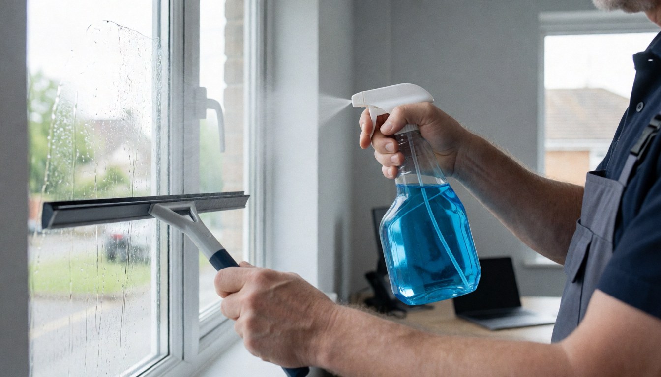 A professional cleaner sprays a window with blue cleaning solution and uses a squeegee in an office setting with light gray walls.