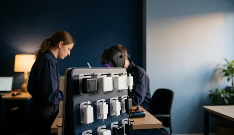 Rack of USB-C chargers in a mobile repair store with technicians working in the background under warm lighting