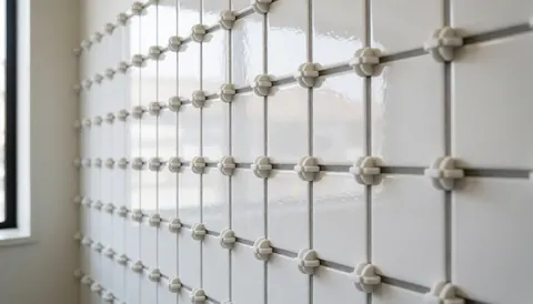 Close-up of a white tiled wall with plastic spacers in place, showing natural light reflections and clean grout lines for professional tiling details.