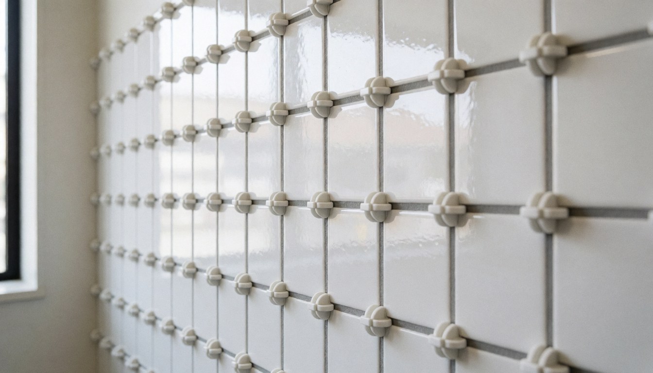 Close-up of a white tiled wall with plastic spacers in place, showing natural light reflections and clean grout lines for professional tiling details.