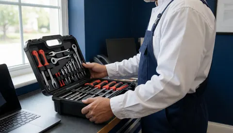 A technician wearing an apron checks tools on a workbench against a blue wall, suitable for phone repair services.