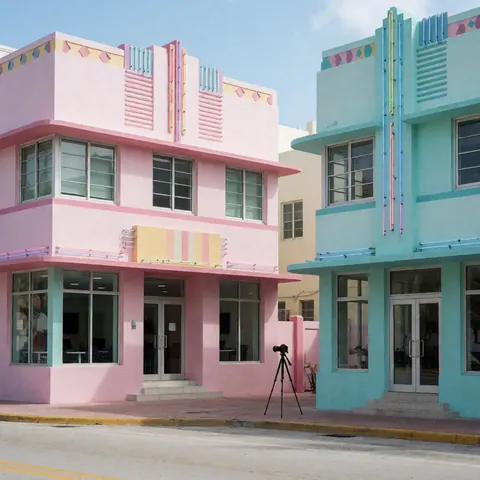 Professional camera mounted on a tripod on a sidewalk, facing pink and turquoise Art Deco buildings under daylight.