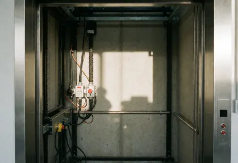 Interior view of an elevator pit featuring concrete walls, safety switches, metal framework, and cables for repair services