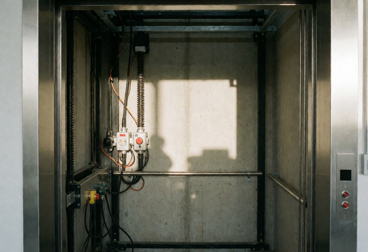 Interior view of an elevator pit featuring concrete walls, safety switches, metal framework, and cables for repair services