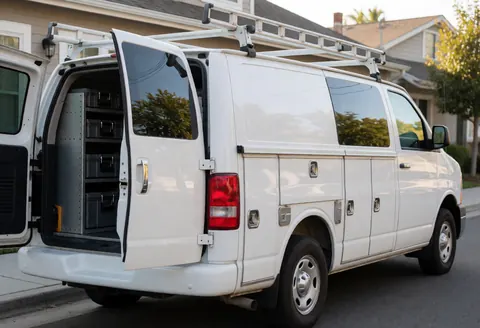 White work van parked on a residential street with tools and a ladder on the roof, ready for window installation service.