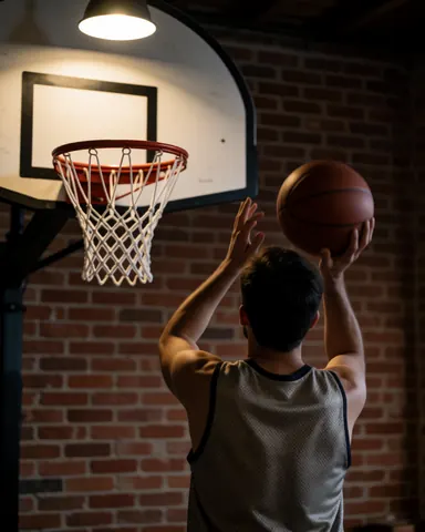 Back view of a basketball player shooting the ball with a brick wall and hoop in the foreground