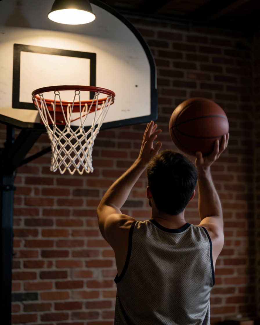 Back view of a basketball player shooting the ball with a brick wall and hoop in the foreground