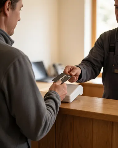 Customer using a white card terminal at a wooden counter inside a warm mountain refuge.