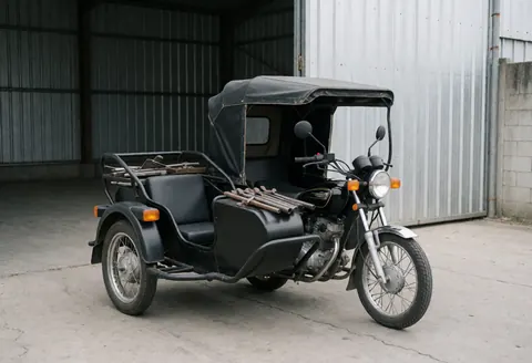 Motorcycle taxi with sidecar loaded with tools parked in front of an industrial warehouse with corrugated metal walls under diffused light