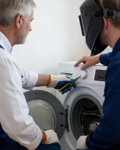Appliance repair technician wearing a welding helmet adjusts a white washing machine in a kitchen with white walls.