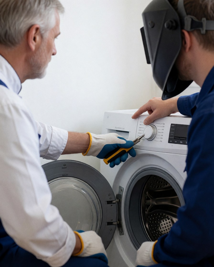 Appliance repair technician wearing a welding helmet adjusts a white washing machine in a kitchen with white walls.