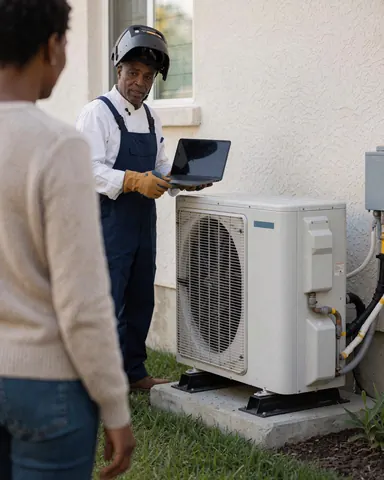 Heating technician holding a laptop while explaining maintenance details to a customer near an outdoor heating unit.
