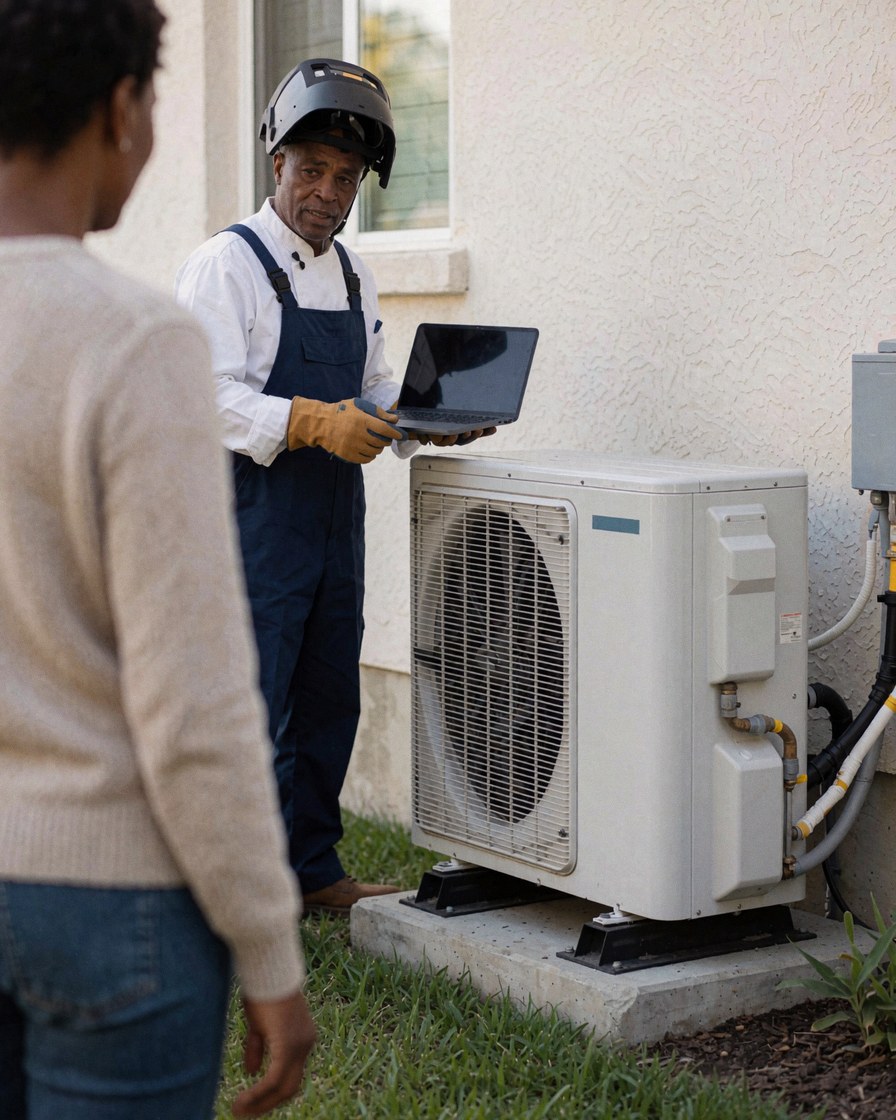 Heating technician holding a laptop while explaining maintenance details to a customer near an outdoor heating unit.