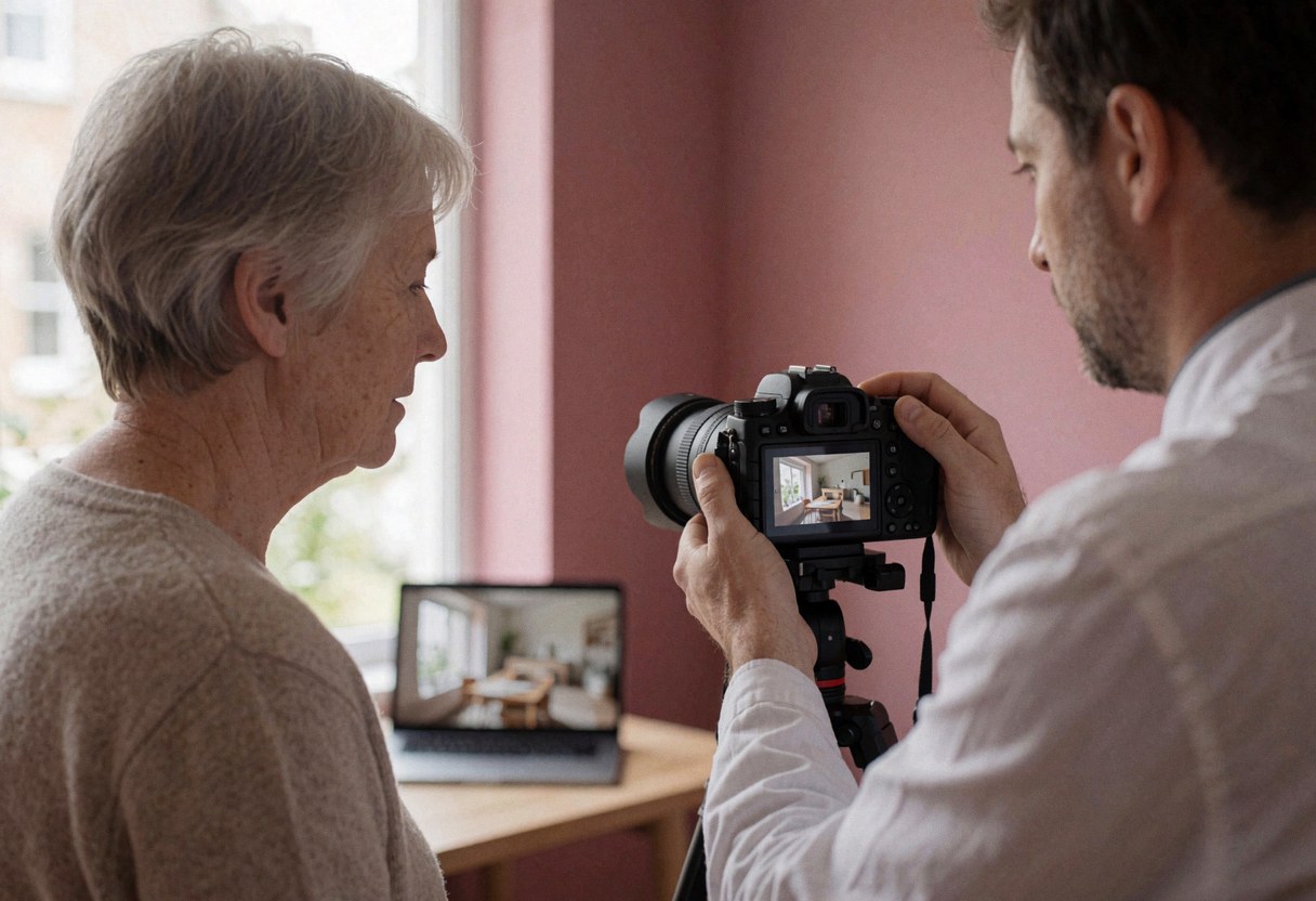Macro photographer adjusts camera while client views image on screen with pink wall and equipment visible