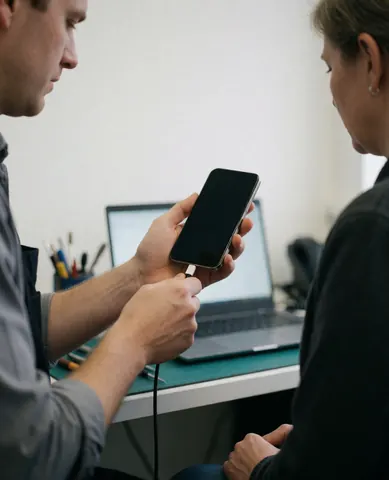 Technician connects charging cable to a mobile phone on a workbench while a customer observes the repair process