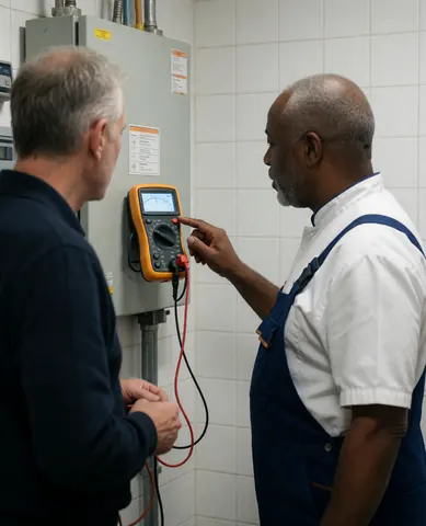 Technician uses a multimeter to measure voltage in an industrial electrical room with white tiled walls.