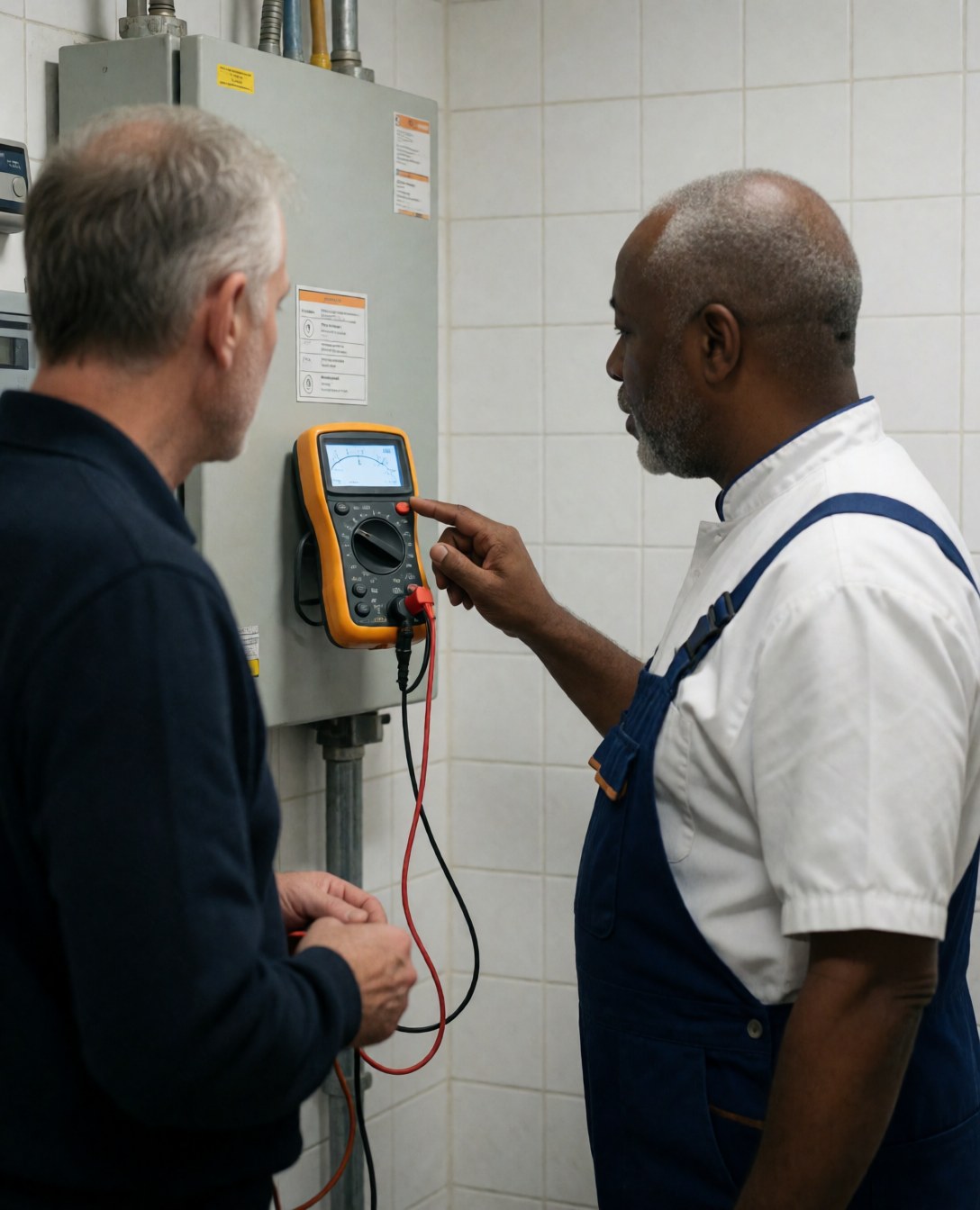 Technician uses a multimeter to measure voltage in an industrial electrical room with white tiled walls.