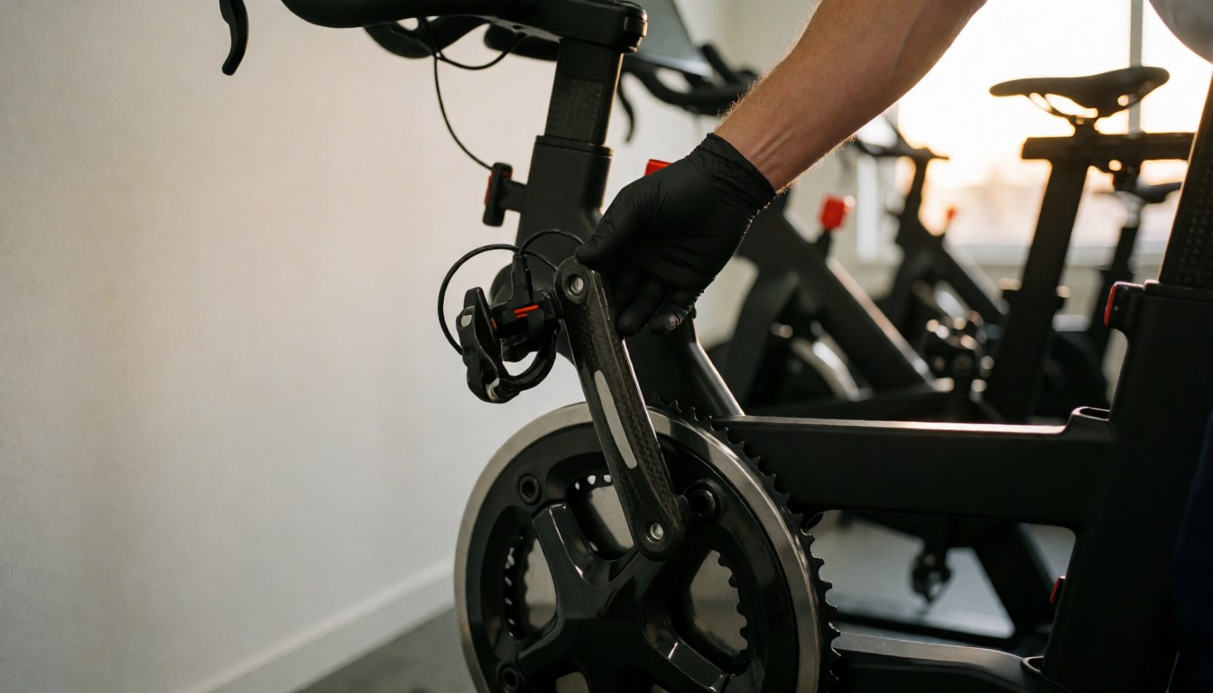 Close-up of a hand adjusting a power meter sensor on a stationary bike in a gym with white walls and sunset light