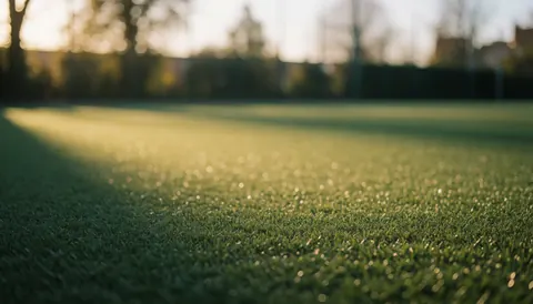 Artificial turf soccer field illuminated by warm golden sunset light, serving as a professional background for soccer coaching content.