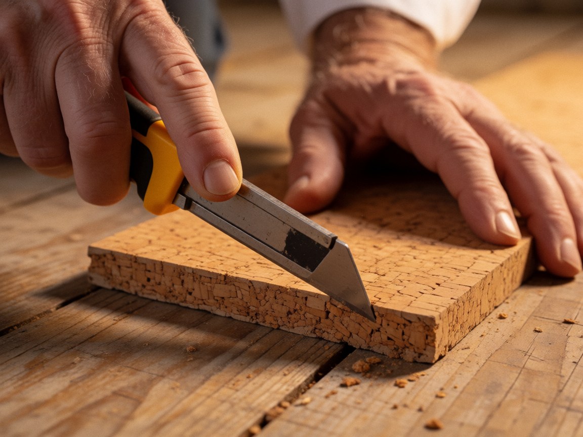 Close-up of a hand using a precision knife to cut cork flooring planks on a wooden surface with warm lighting