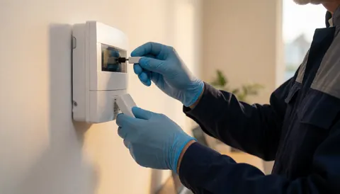 Technician wearing blue gloves connects an alarm module to a white wall-mounted panel in an office setting