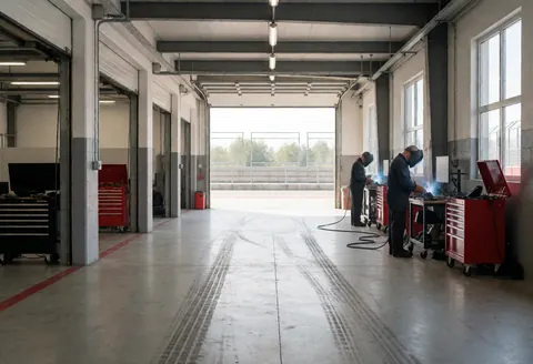 Two mechanics welding in a car workshop with red tools and tire tracks on the floor