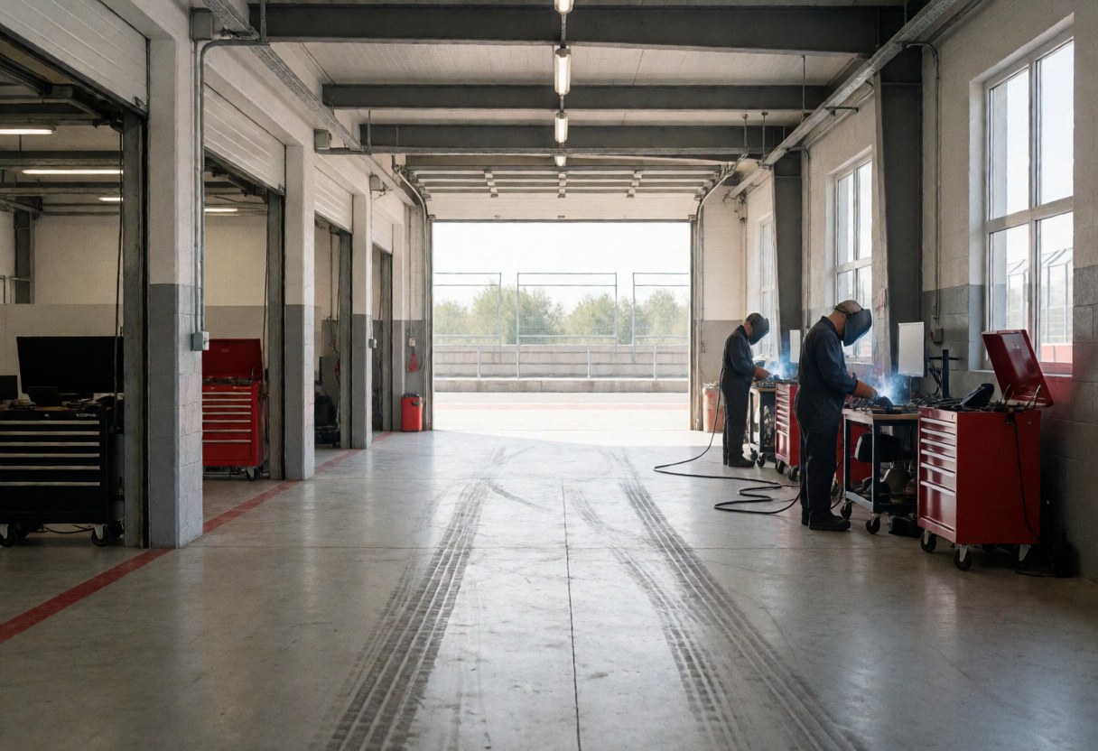 Two mechanics welding in a car workshop with red tools and tire tracks on the floor