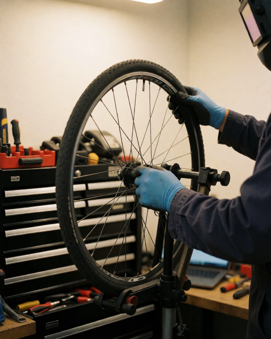Mechanic adjusting a bicycle wheel on a stand in a workshop with tools and warm lighting