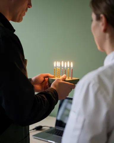 A portrait photographer holds lit birthday candles in front of a happy client, with a green wall and laptop visible in the background.