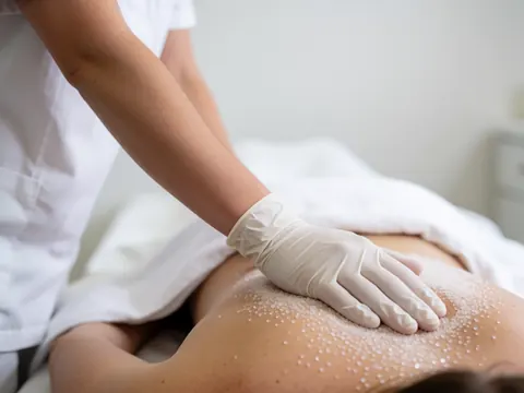 Close-up of a gloved hand applying coarse salt to a client's back during a therapeutic body massage service