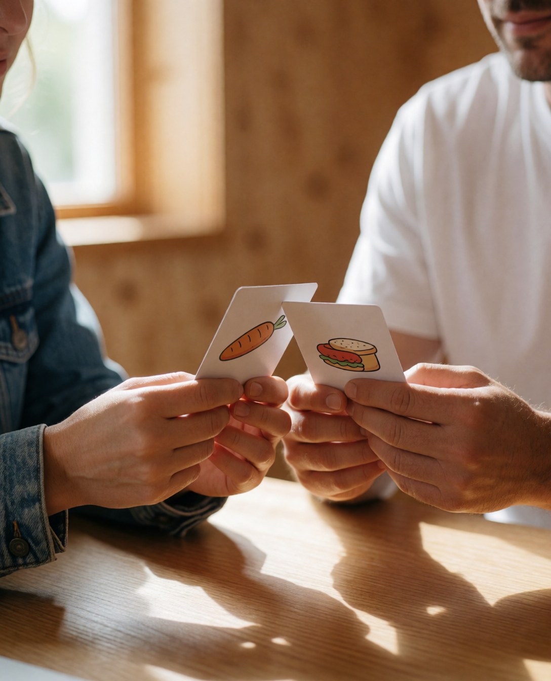 Two people exchange food illustration cards during a spanish lesson with natural light and wooden walls