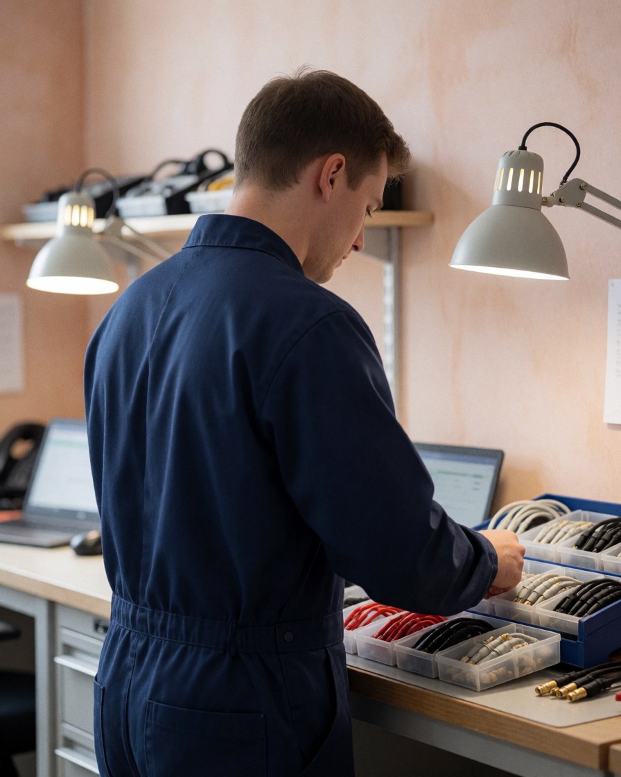Technician organizing connectors and adapters on a workbench with task lighting, preparing equipment for antenna installation.